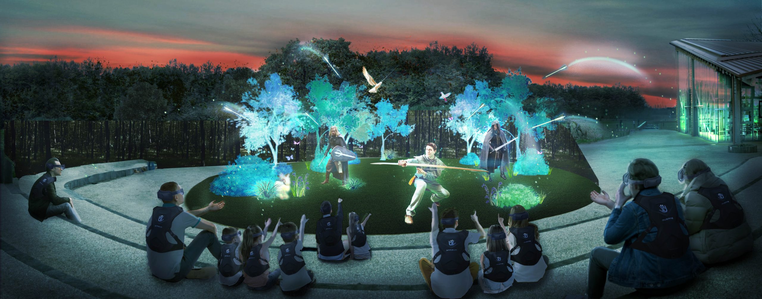People sat enjoying an augmented reality experience in Sherwood Forest